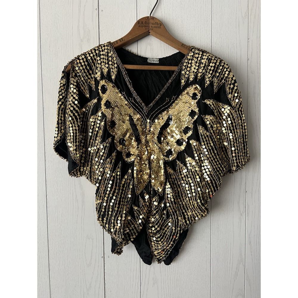 70s Vintage 100% Silk Butterfly Sequin Blouse Gold & Black Disco Top Shirt Crop